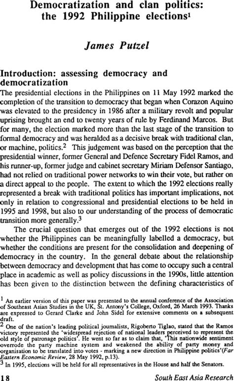 Democratization and clan politics: the 1992 Philippine elections.